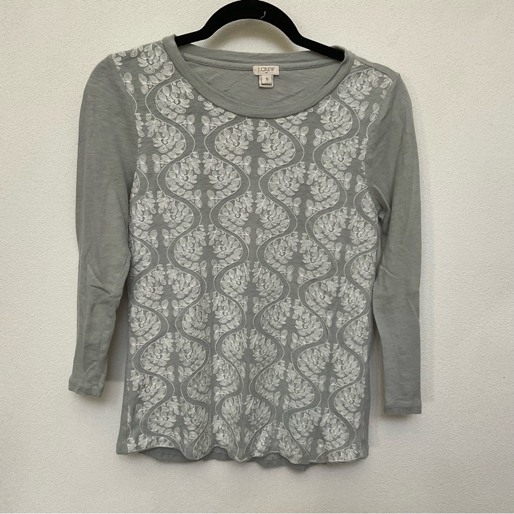 J. Crew Grey, White Lace Front 3/4 Sleeve Top Career Work Preppy Size Small